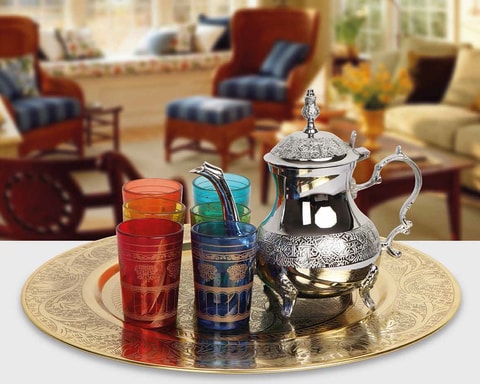 HOME MOROCCAN TEAPOT WITH 6 GLASSES &amp; TRAY TO1399-I