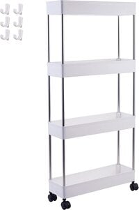 4 Tier Slim Storage Cart Organizer with Wheels, Narrow Mobile Shelving Unit Cart, Rolling Tower Utility Rack for Small Spaces, Kitchen, Bathroom, Laundry Room-White