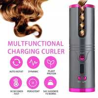 USB Rechargeable Portable Automatic Rotating Hair Styling Curler Tool Silver/Pink 20cm