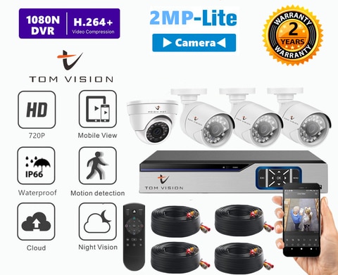 Tomvision - 4Channel AHD Camera KIT 2Megapixels/720P CCTV Security Recording System Kit 3Pcs Outdoor Bullet 1Pc Indoor Camera and P2P Cloud Alarm System Home Security (4Channel(No HDD), 1Indoor&amp;3Outdoor)