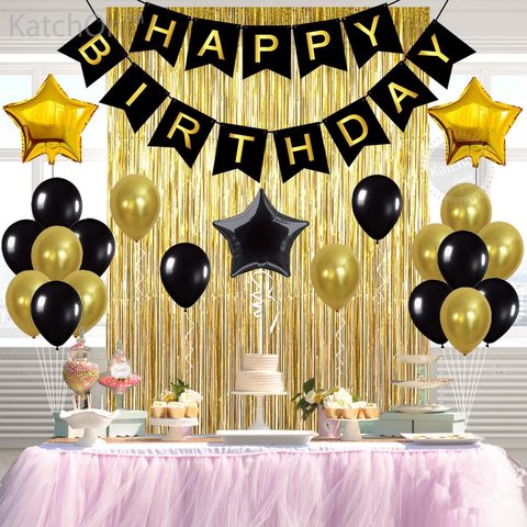 Doreen Black,Gold Balloons and Paper Pom Poms Party Supplies for Birthday