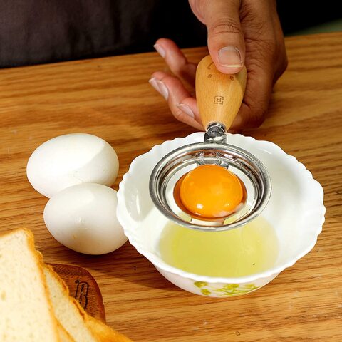 Royalford Egg Spoon, Stainless Steel With Wooden Handle, RF10663 Egg White Separating Kitchen Tool Eggs Yolk Filter For Kitchen Baking Cooking, Multicolor