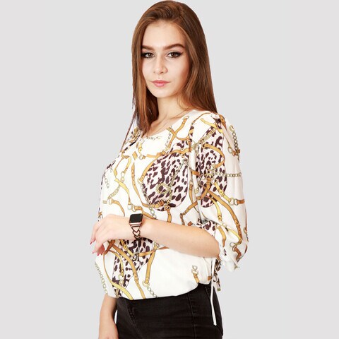KIDWALA Size 38, Women&#39;S Tops, Tees &amp; Blouses Tie Sleeves, White &amp; Gold Blouse, Round Nick Stylish Top With Three Quarter Sleeves Length, Print Blouse Waist Length