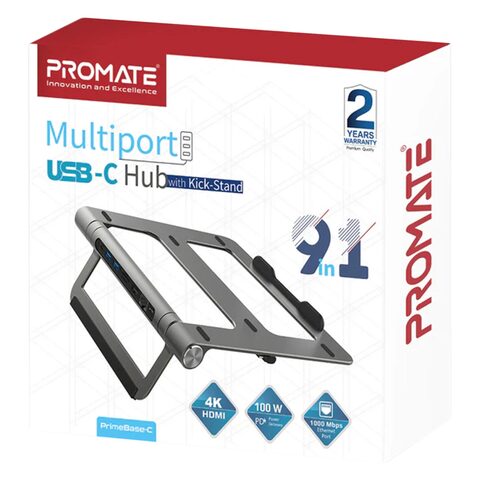 Promate PrimeBase-C 9-in-1 Multiport USB-C Hub With Laptop Stand Grey