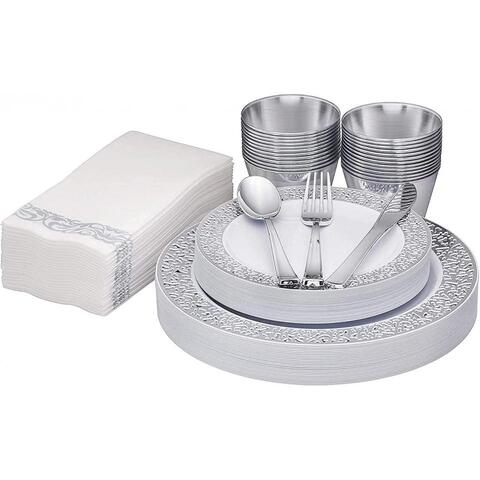 Aiwanto 175Pcs Disposable Dinner Set Dinnerware Set Silver Lace Design Plate Spoon Set for Birthday Anniversary Christmas Party Accessories