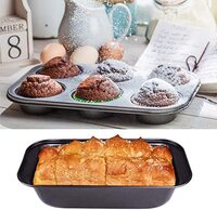 AtrauX 2 PCS, 6 Cups Cupcake Tray + Loaf Pans, Nonstick Brownie Cake Pan, Carbon Steel Bakeware for Oven Baking Muffin Tray Tool Mold