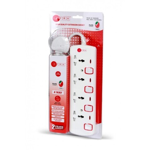 AFRA Japan Universal Extension Cord, 4 Way 3M, 4 Universal Sockets, 3 Meter Cable, Shock Proof, 250V, ESMA, ROHS, And CB Certified With 2 Years Warranty
