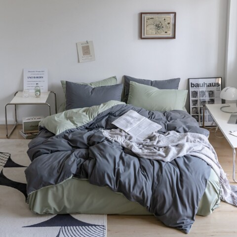 LUNA HOME Premium Single Size Korean Bedding Set Plain Light Green and Grey Color