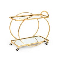 Life Smile Serving Cart with 2 Mirrored Shelves, Modern Metal Bar Serving Cart with Locking Caster Wheels and Handle, Gold Round Bar Carts for The Home, Kitchen,Club,Living Room