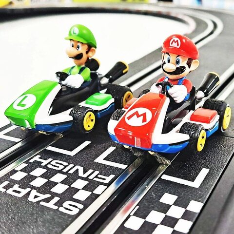 MarioKart Carrera GO!!! Racetrack with 2 Cars Slot Car Racing Toy Track Set With Jump Ramp Featuring Mario and Lungi for Kids (Carrera GO!!! With Adapter)