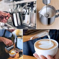 SKY-TOUCH Stainless Steel 350ml Milk Frothing Pitcher Measurements on Both Sides Inside Plus eBook &amp; Microfiber Cloth Perfect for Espresso Machines Milk Frothers Latte Art, Silver
