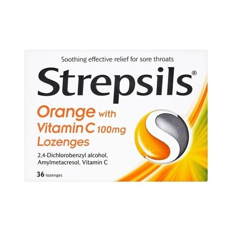 Strepsils Orange With Vitamin C 100mg Sore Throat Pain Relief Lozenges 36 count