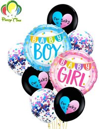Party Time 8 Pieces Baby Gender Reveal Confetti, Foil and Latex Balloon Set- Packs for Boy or Girl - Baby Shower Gender Reveal Party Supplies
