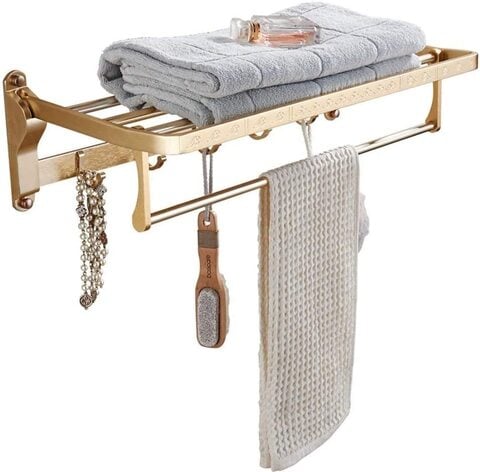Atraux Wall-Mount Adjustable Bathroom Towel Rack With 5 Hooks &amp; 2 Tier Architecture, Gold