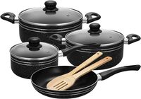 Royalford Ritz 9-Piece Non-Stick Cookware Set- Rf11759 Aluminum Body With 3-Layer Construction, Cd Bottom, Bakelite Handles And Glass Lid Black