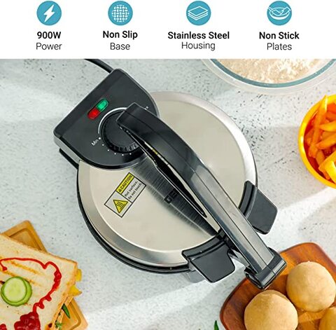 Geepas 900W Mexican Style Tortilla Press - Roti/Chapati Maker - Ideal for Making Homemade Tortillas Tacos Flatbreads Chapati Roti - Non-stick Coating, Lightweight &amp; Compact Design - 2 Year Warranty