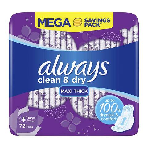 Always clean &amp; dry maxi thick large with wings &times; 72 pads