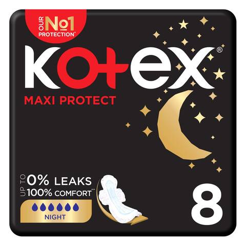Kotex Maxi Protect Thick Pads, Overnight Protection Sanitary Pads with Wings, 8 Sanitary Pads
