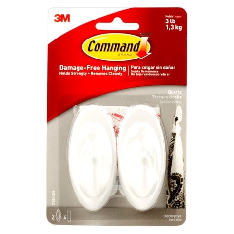 Command 17086QES Quartz Race Hook, Holds 1.3 Kg. each hook, white color. 2 hooks and 4 strips/pack