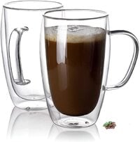 1CHASE&reg; Double Walled Glass Coffee Cups, Set of 2 Large Glass Tea Cup with Handle, 450ml Tall Insulated Coffee Mugs Perfect for Cappuccino, Macchiato, Latte, Tea, Juice, Iced &amp; Hot Beverages&hellip;