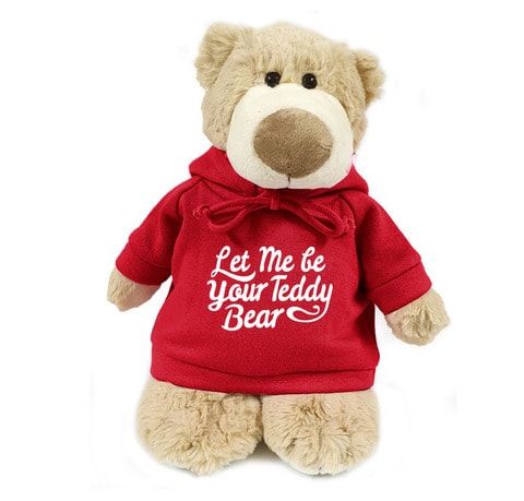 Caravaan - Supersoft, cuddly mascot bear with trendy red hoodie. Let Me be Your Teddy Bear. Size 28cm. Ideal for Birthdays, boys, girls parties. Soft and cuddly.