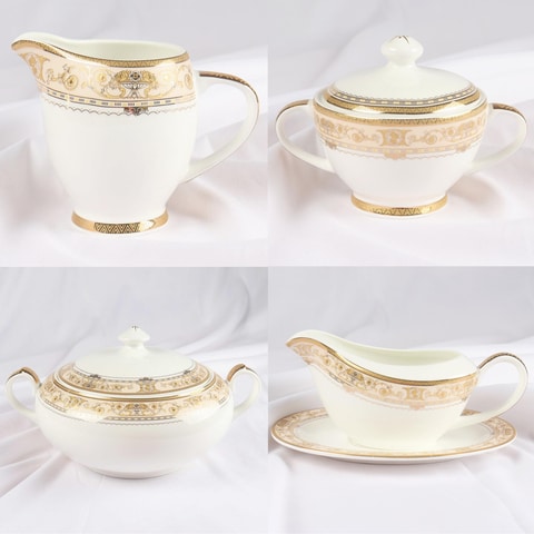 Xiangyu Dinner Set Porcelain Gold, 115Pcs Set, 10&#39;5 Flat Plate, (12), 8&#39; Soup Plate, (12) 8&#39; Flat Plate, (12), 7&#39;5 Flat Plate, (12) 6&#39; Salad Bowl, (12), &#39;Tea Pot (1Set), (2) Tea Cup, Saucer (12Set)