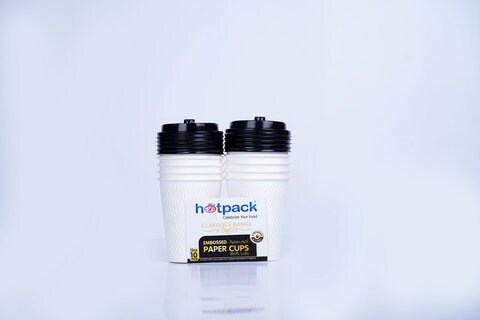 Hotpack - White Embossed Paper Cups +Lid 12 Oz 10 Pcs
