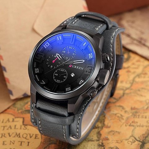 Curren - 8225 Men&#39;s Analog Sports Waterproof Leather Strap Wrist Watch With Date - Grey