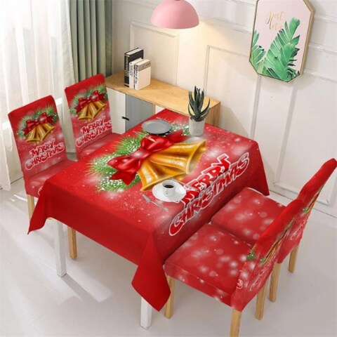 Deals for Less - High quality christmas table linen cloth with 4 chair covers, Christmas bell design red color 
