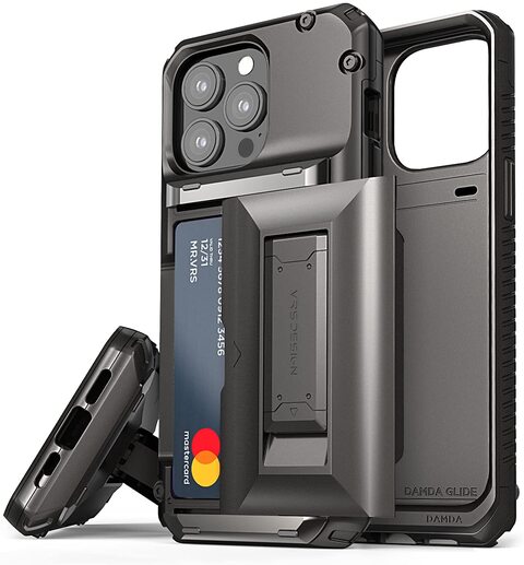 VRS Design Damda Glide Hybrid designed for iPhone 13 PRO case cover wallet [Semi Automatic] slider Credit card holder Slot [3-4 cards] &amp; Kickstand - Metal Black