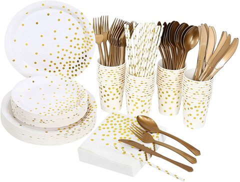 اشتري Doreen White and gold plate and napkin set, 25 X 8 pieces, gold dot disposable party cutlery, including trays, napkins, cups, straws, plastic fork knives and birthdays（GC1571A） في الامارات