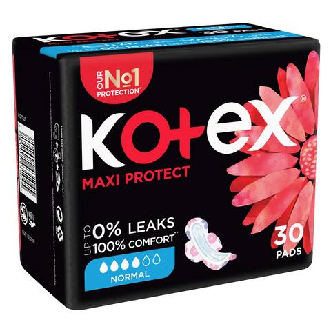 Kotex Maxi Protect Thick Pads, Normal Size Sanitary Pads with Wings, 30 Sanitary Pads