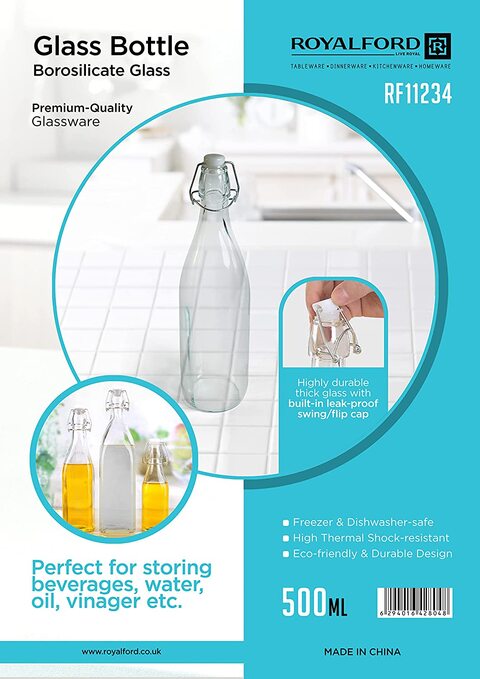 Royalford Glass Bottle, 500 ml RF11234 - Transparent Borosilicate Glass Bottle Perfect For Storing Beverages, Water, Oil, Vinegar Flip Cap Freezer &amp; Dishwasher Safe Eco-Friendly &amp; Shock Resistance