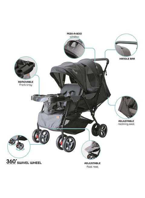 Moon Baby Pair Twin Front Seat Stroller With Removable Armrest Or Tray, Black