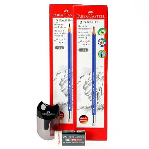 Faber-Castell 2 HB Black Lead Pencil 24 PCS with Sharpener and Eraser 1 PCS Set Multicolour