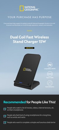 National Geographic Dual Coil Fast Wireless Stand Charger 15W - Black