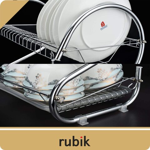 Rubik Dish Drying Rack, 2 Tier Stainless Steel Dish Stand With Utensil Holder, Glass, Cup, Cutlery Holder And Dish Drainer For Kitchen Counter Top, Plated Chrome Dish Dryer Silver
