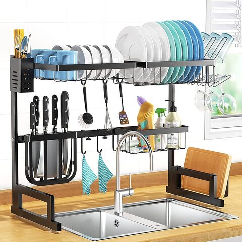 Eesyy Dish Drying Rack Dish Drainer Over Sink, 2-Tier Large Capacity Dish Rack, Sink Organize Stand Shelf With Utensil Holder Hooks, Kitchen Dish Washer Countertop Supplies Storage