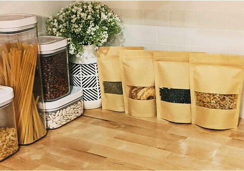 Generic Kraft Stand Up Pouch Bags, 50Pcs 14*28Cm Kraft Paper Zipper Pouch, Storage Brown Paper Bags With Zip Lock And Transparent Window