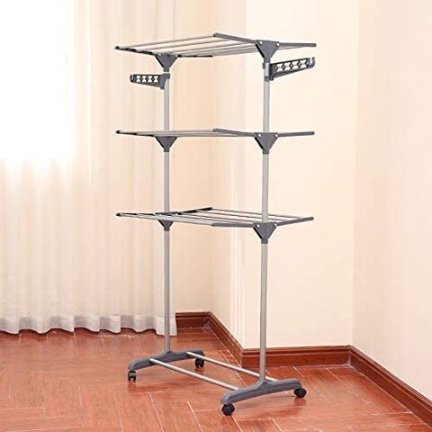 Bigzzia Clothes Drying Rack Folding Clothes Rail 4 Tier Clothes Horses Rack  Stainless Steel Laundry Garment Dryer Stand with Two Side Wings Grey