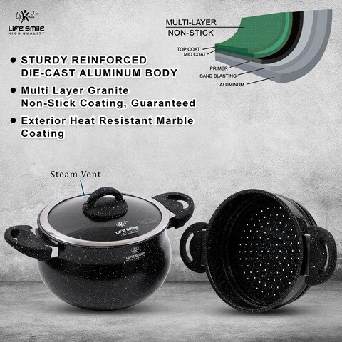 Life Smile Steamer Pot 8 Liter - Steaming Cookware Couscoussier With Tempered Glass Lid- 2 Tier Steaming Pot Granite Coating Stock Pot- Induction Bottom - Dishwasher Safe (24 Cm (8 Liters)) 