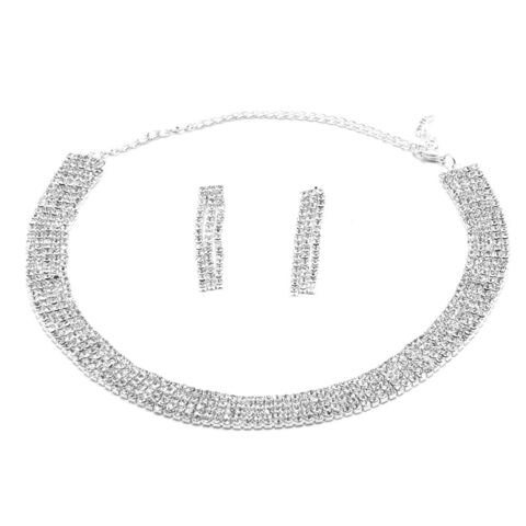 Tanos - Fashion Bling Bling Silver Plated Set (Necklace &amp; Earring) 5 Lines Crystal Rhinestone
