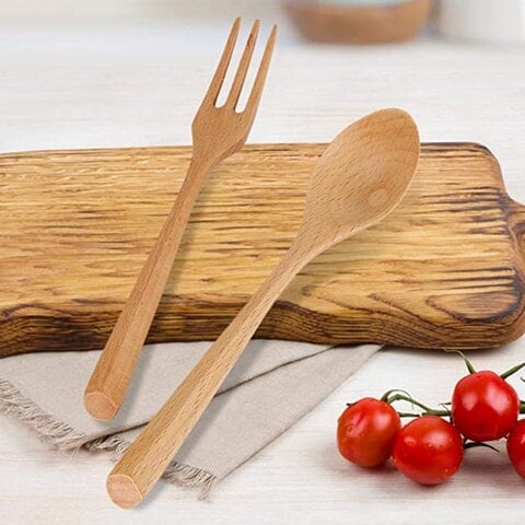 AtrauX Wooden Fork, 2Pcs/Set Non-Toxic and Eco-Friendly Wooden Spoon Fork, Flatware Set Cutlery Set for(Spoon and fork combination)