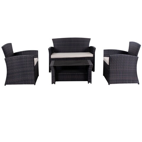 Carrefour D-Malibu Wicker Coffee Table With Chair Set Grey Pack of 4