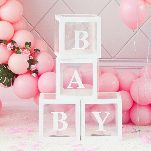 Aiwanto 4Pcs Baby Decoration Baby Shower Decoration Transparent Boxes Baby Birthday Decoration Items  BABY Boxes Baby Shower Decorations for Boy Girl Birthday Party (White)