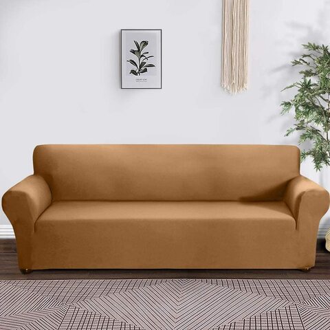 Docooler Stretch Sofa Slipcover Milk Silk Fabric Anti-Slip Soft Couch Sofa Cover 3 Seater Washable For Living Room Kids Pets（Camel）