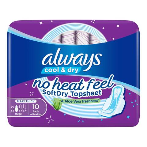 Always Cool &amp; Dry No Heat Feel Maxi Thick Large Sanitary Pads with Wings 10 Pads