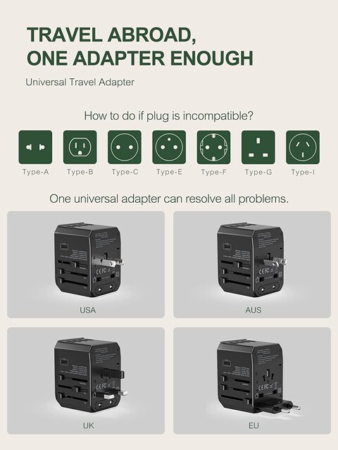 Universal Travel Adapter with 4 Ultra-Fast USB Port and 1 Ultra-Fast USB Type C Port and Power Socket Worldwide Plugs UK EU US AU Auto Switch