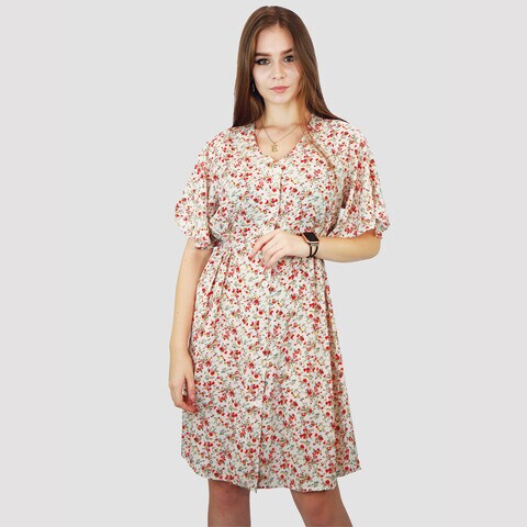 KIDWALA Size M, Women&#39;S Short Floral Print Dress Buttons Up, White And Red Dress, Ladies Deep V Neck Evening Dress With Elastic Waistband &amp; Flow Half Sleeves