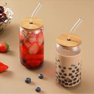 Strawberry Can Glass Cup w/Bamboo Lid & Straw